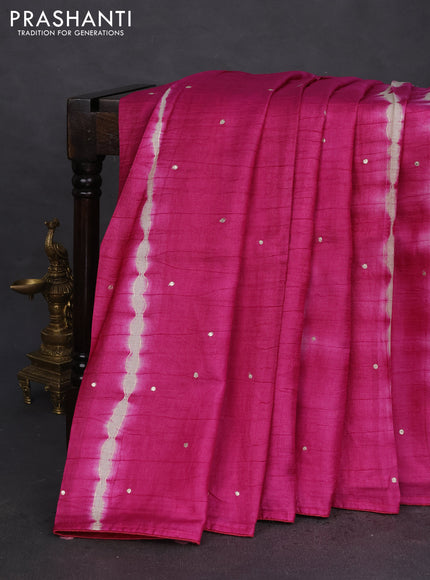Pure tussar silk saree pink and pale orange with tie & dye prints & pita work and embroidery pallu