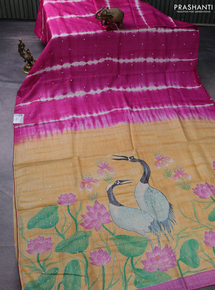 Pure tussar silk saree pink and pale orange with tie & dye prints & pita work and embroidery pallu