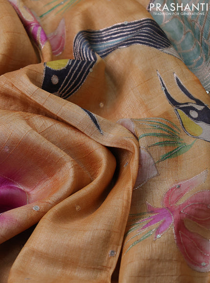 Pure tussar silk saree pink and pale orange with tie & dye prints & pita work and embroidery pallu