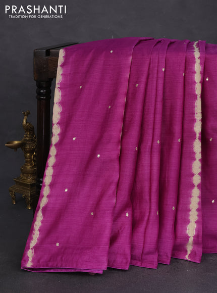 Pure tussar silk saree purple and teal green with tie & dye prints & pita work and embroidery pallu