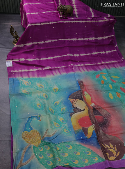 Pure tussar silk saree purple and teal green with tie & dye prints & pita work and embroidery pallu