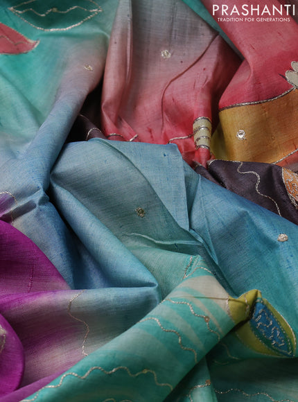 Pure tussar silk saree purple and teal green with tie & dye prints & pita work and embroidery pallu