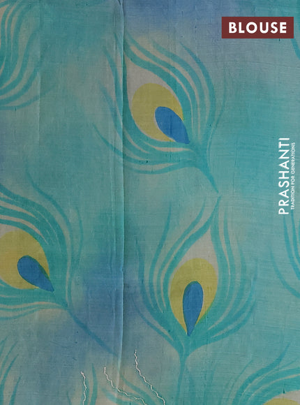 Pure tussar silk saree purple and teal green with tie & dye prints & pita work and embroidery pallu