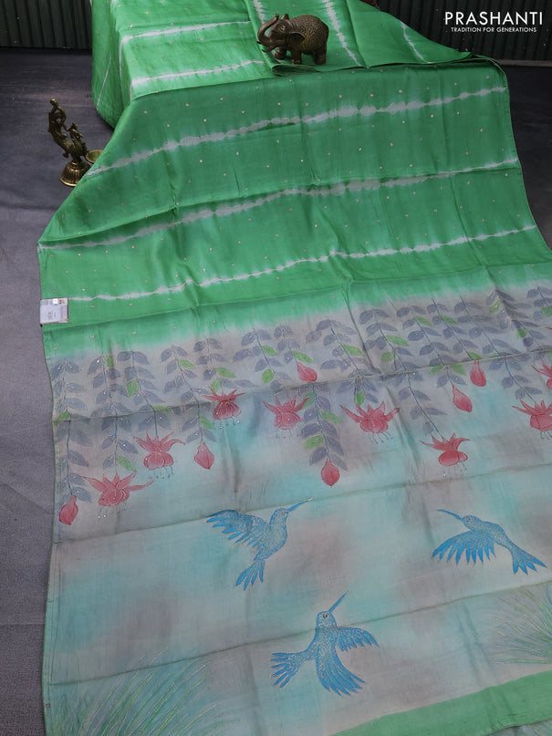 Pure tussar silk saree light green and beige with tie & dye prints & pita work and embroidery pallu