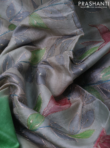 Pure tussar silk saree light green and beige with tie & dye prints & pita work and embroidery pallu