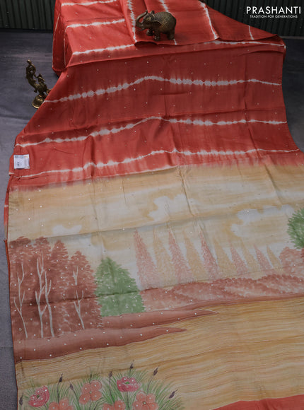 Pure tussar silk saree rustic orange and sandal with tie & dye prints & pita work and embroidery pallu