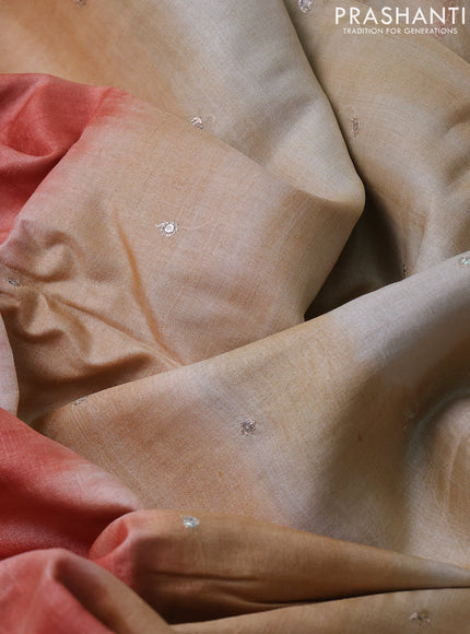 Pure tussar silk saree rustic orange and sandal with tie & dye prints & pita work and embroidery pallu