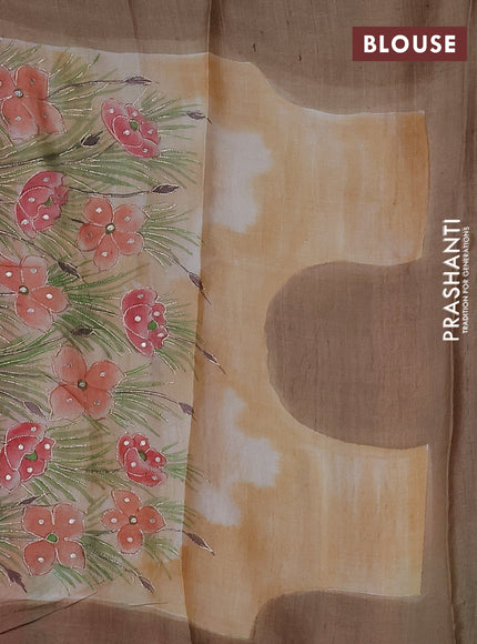 Pure tussar silk saree rustic orange and sandal with tie & dye prints & pita work and embroidery pallu