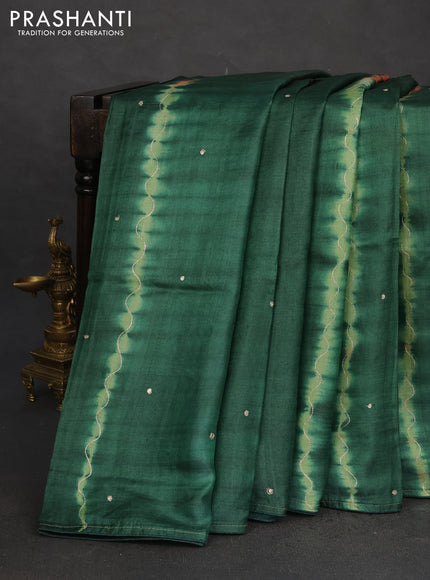 Pure tussar silk saree green and sandal with tie & dye prints & pita work and embroidery pallu