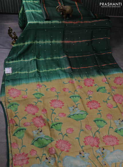 Pure tussar silk saree green and sandal with tie & dye prints & pita work and embroidery pallu