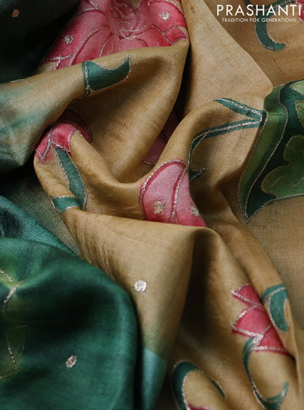 Pure tussar silk saree green and sandal with tie & dye prints & pita work and embroidery pallu