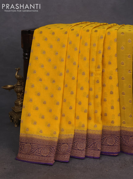 Banarasi semi georgette saree lime yellow and violet with allover thread & zari woven buttas and woven border