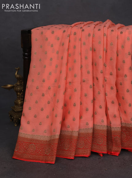 Banarasi semi georgette saree peach orange and red with allover thread & zari woven buttas and woven border