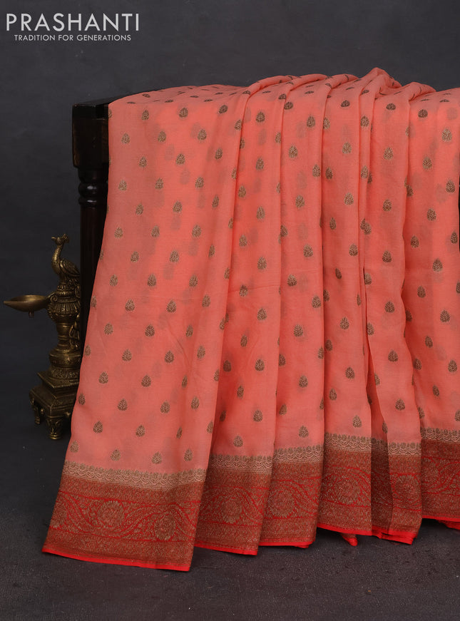 Banarasi semi georgette saree peach orange and red with allover thread & zari woven buttas and woven border