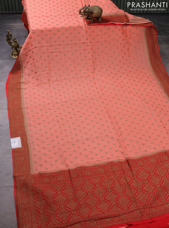 Banarasi semi georgette saree peach orange and red with allover thread & zari woven buttas and woven border