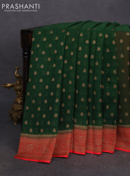 Banarasi semi georgette saree green and red with allover thread & zari woven buttas and woven border