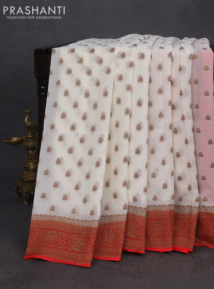 Banarasi semi georgette saree beige and red with allover thread & zari woven buttas and woven border