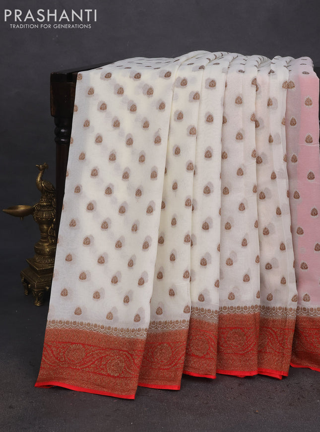 Banarasi semi georgette saree beige and red with allover thread & zari woven buttas and woven border