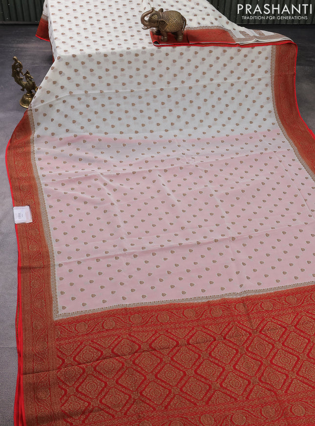 Banarasi semi georgette saree beige and red with allover thread & zari woven buttas and woven border