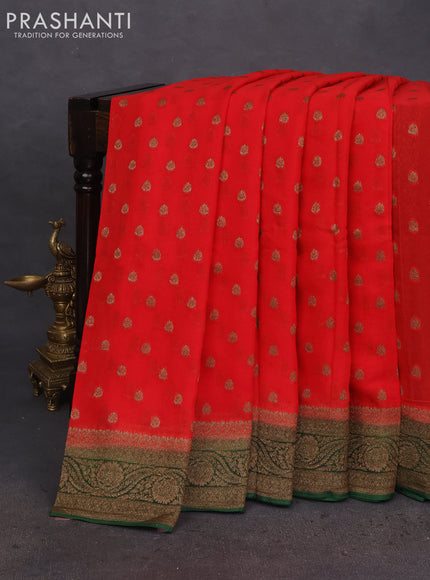 Banarasi semi georgette saree red and green with allover thread & zari woven buttas and woven border