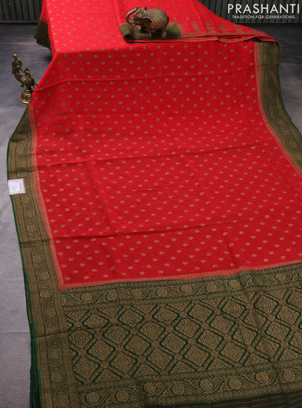 Banarasi semi georgette saree red and green with allover thread & zari woven buttas and woven border
