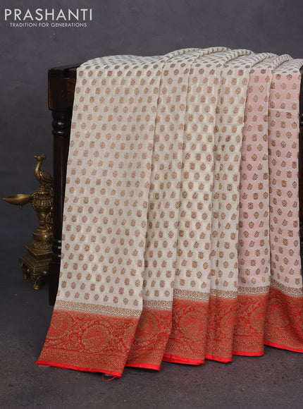Banarasi semi georgette saree beige and red with allover thread & zari woven buttas and woven border