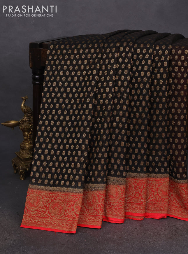 Banarasi semi georgette saree black and red with allover thread & zari woven buttas and woven border