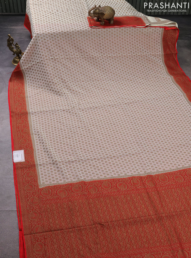Banarasi semi georgette saree beige and red with allover thread & zari woven buttas and woven border