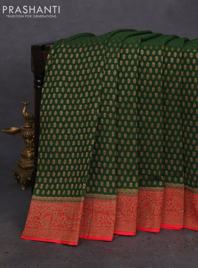 Banarasi semi georgette saree green and red with allover thread & zari woven buttas and woven border