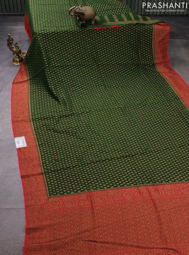 Banarasi semi georgette saree green and red with allover thread & zari woven buttas and woven border