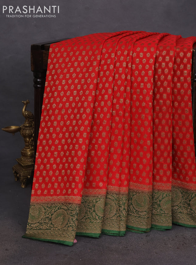 Banarasi semi georgette saree red and green with allover thread & zari woven buttas and woven border