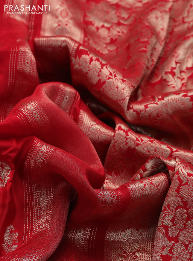 Banarasi silk saree red and green with allover zari weaves and zari woven border