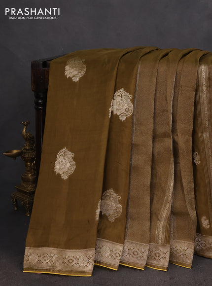 Banarasi silk saree dark mehendi green and yellow with allover zari weaves and zari woven border