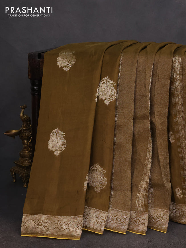 Banarasi silk saree dark mehendi green and yellow with allover zari weaves and zari woven border