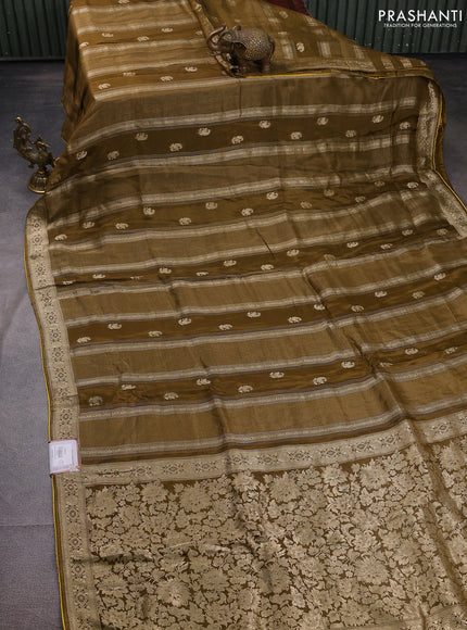 Banarasi silk saree dark mehendi green and yellow with allover zari weaves and zari woven border