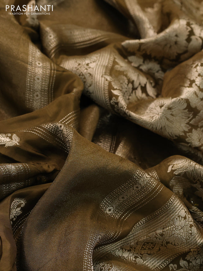 Banarasi silk saree dark mehendi green and yellow with allover zari weaves and zari woven border