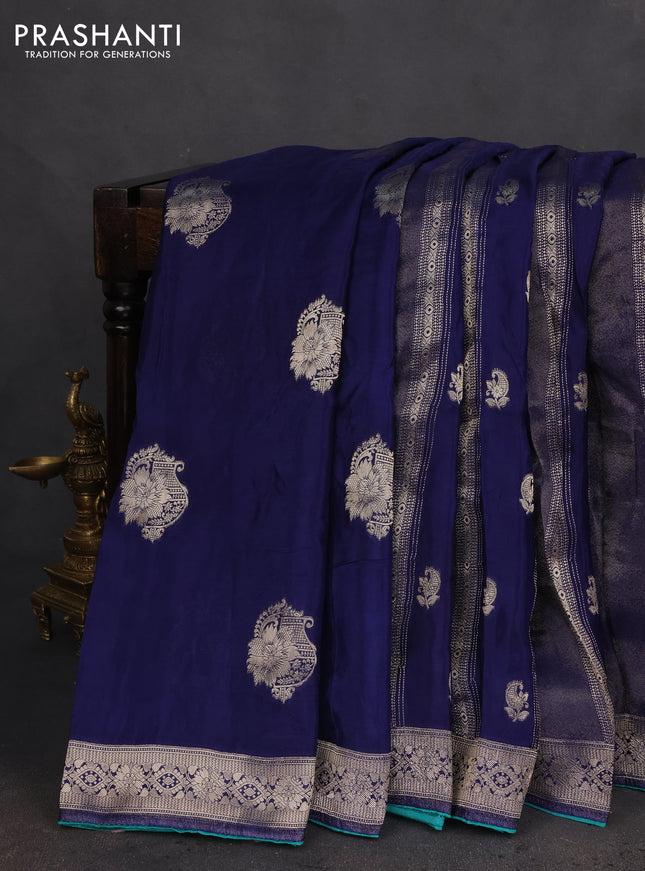 Banarasi silk saree dark blue and teal green with allover zari weaves and zari woven border