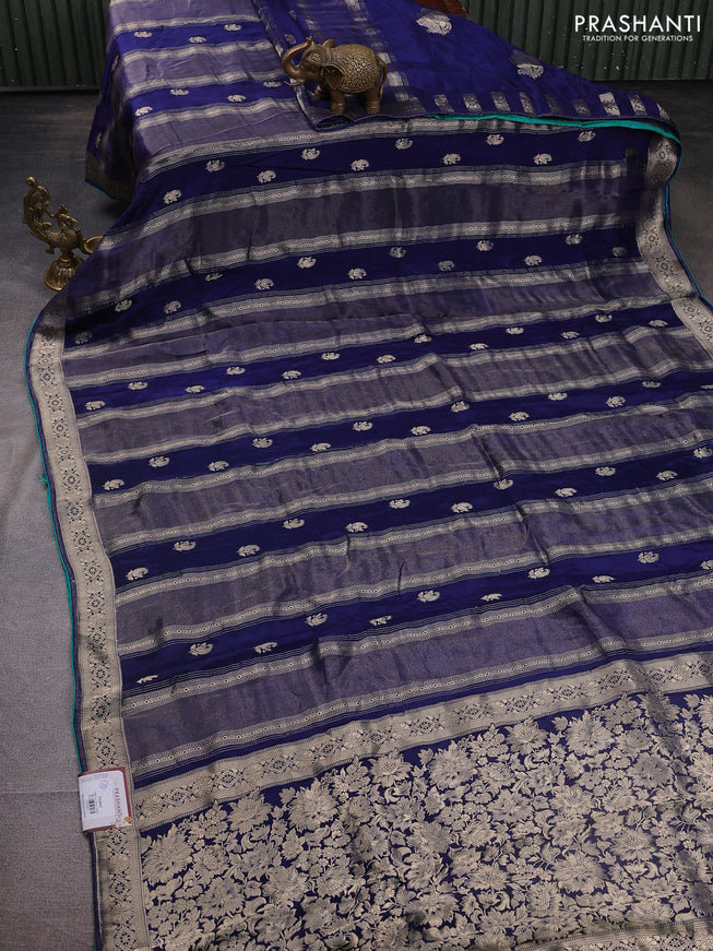 Banarasi silk saree dark blue and teal green with allover zari weaves and zari woven border