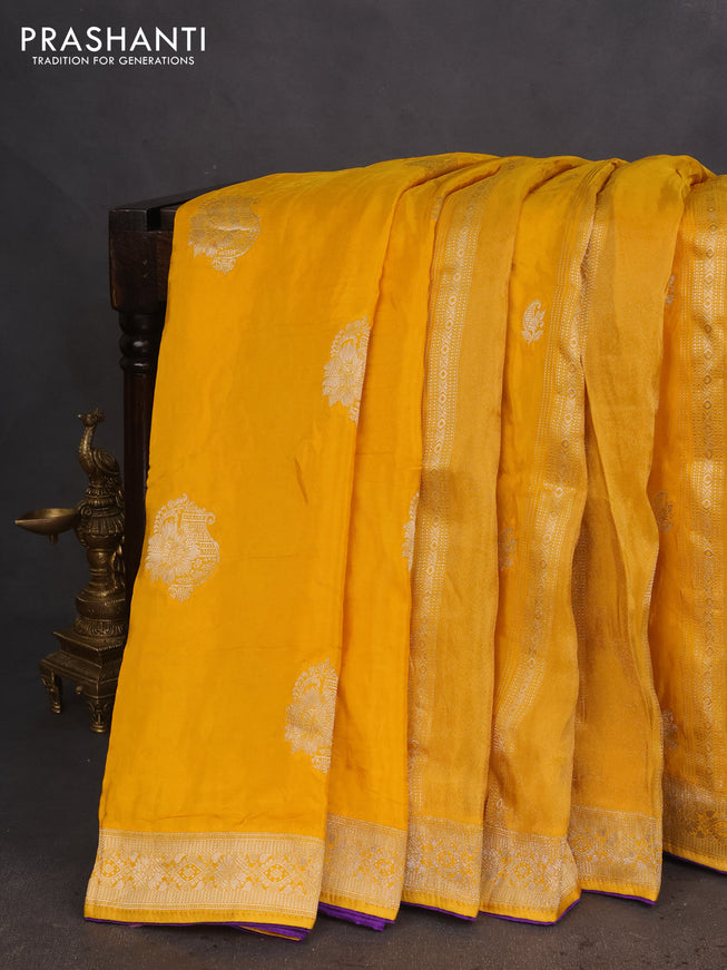 Banarasi silk saree mustard yellow and violet with allover zari weaves and zari woven border