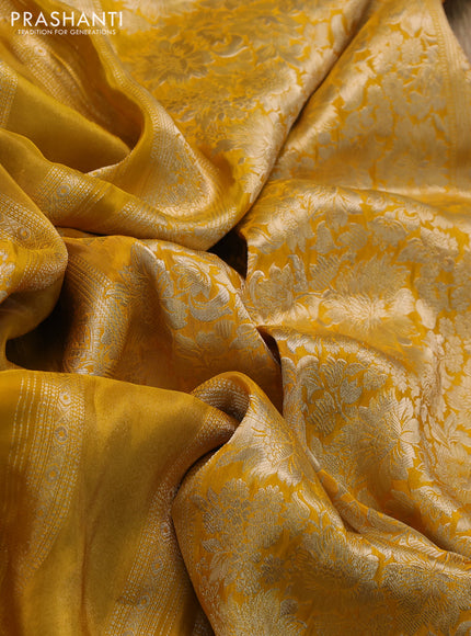 Banarasi silk saree mustard yellow and violet with allover zari weaves and zari woven border