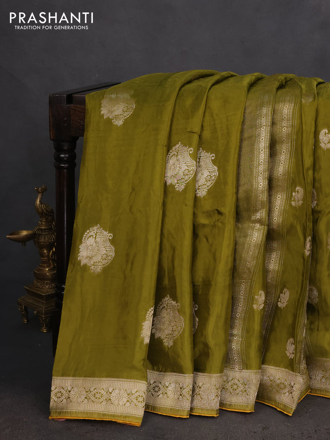 Banarasi silk saree mehendi green and yellow with allover zari weaves and zari woven border