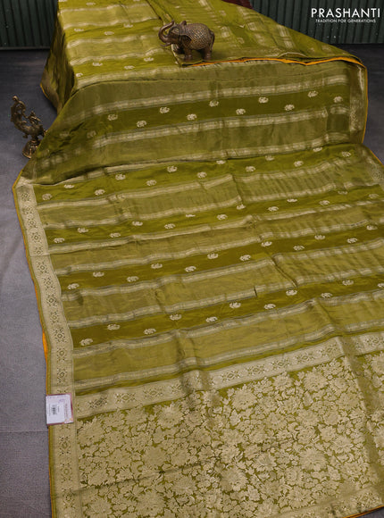 Banarasi silk saree mehendi green and yellow with allover zari weaves and zari woven border
