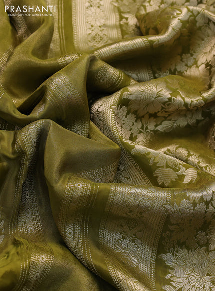 Banarasi silk saree mehendi green and yellow with allover zari weaves and zari woven border