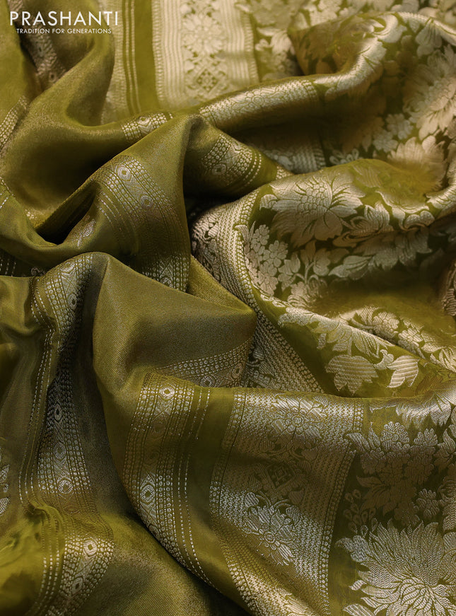 Banarasi silk saree mehendi green and yellow with allover zari weaves and zari woven border