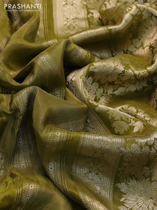 Banarasi silk saree mehendi green and yellow with allover zari weaves and zari woven border
