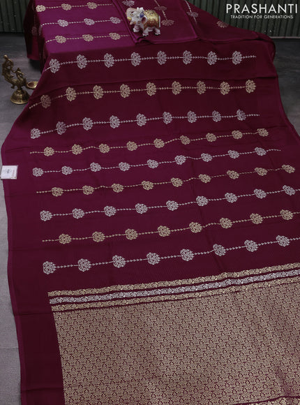 Banarasi mushru silk saree maroon with allover stripes pattern & zari buttas and satin border