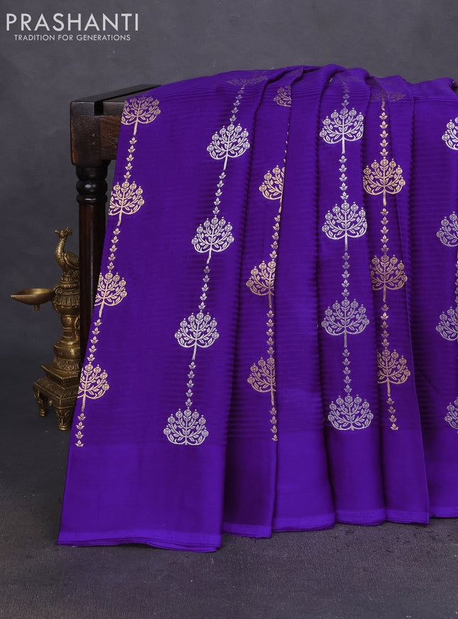 Banarasi mushru silk saree violet with allover stripes pattern & zari buttas and satin border