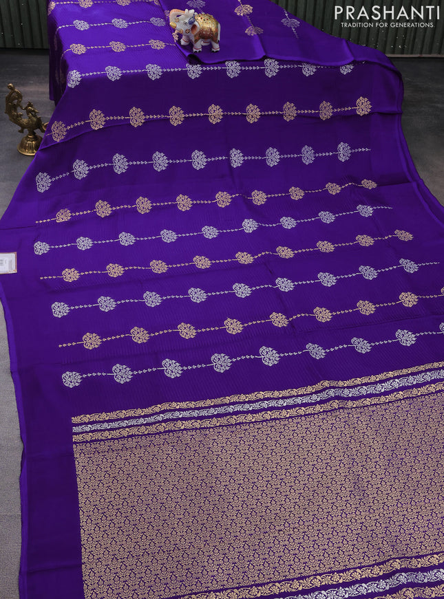 Banarasi mushru silk saree violet with allover stripes pattern & zari buttas and satin border