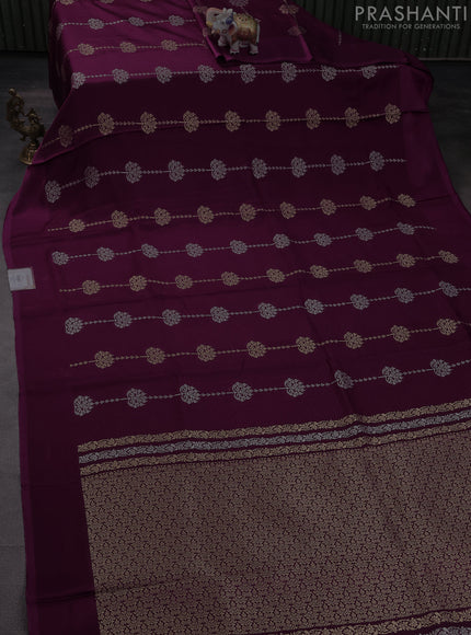 Banarasi mushru silk saree wine shade with allover stripes pattern & zari buttas and satin border