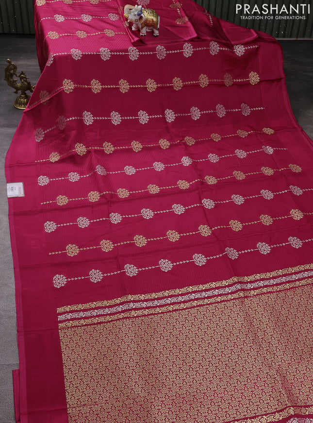 Banarasi mushru silk saree pink with allover stripes pattern & zari buttas and satin border